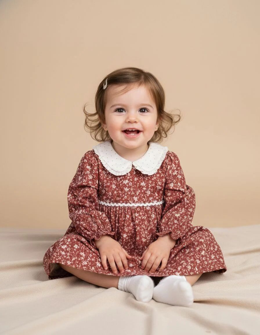 Robe Fleurie Rouge Brique Pour Bébé Fille – Style Champêtre Et Confort thumbnail 4