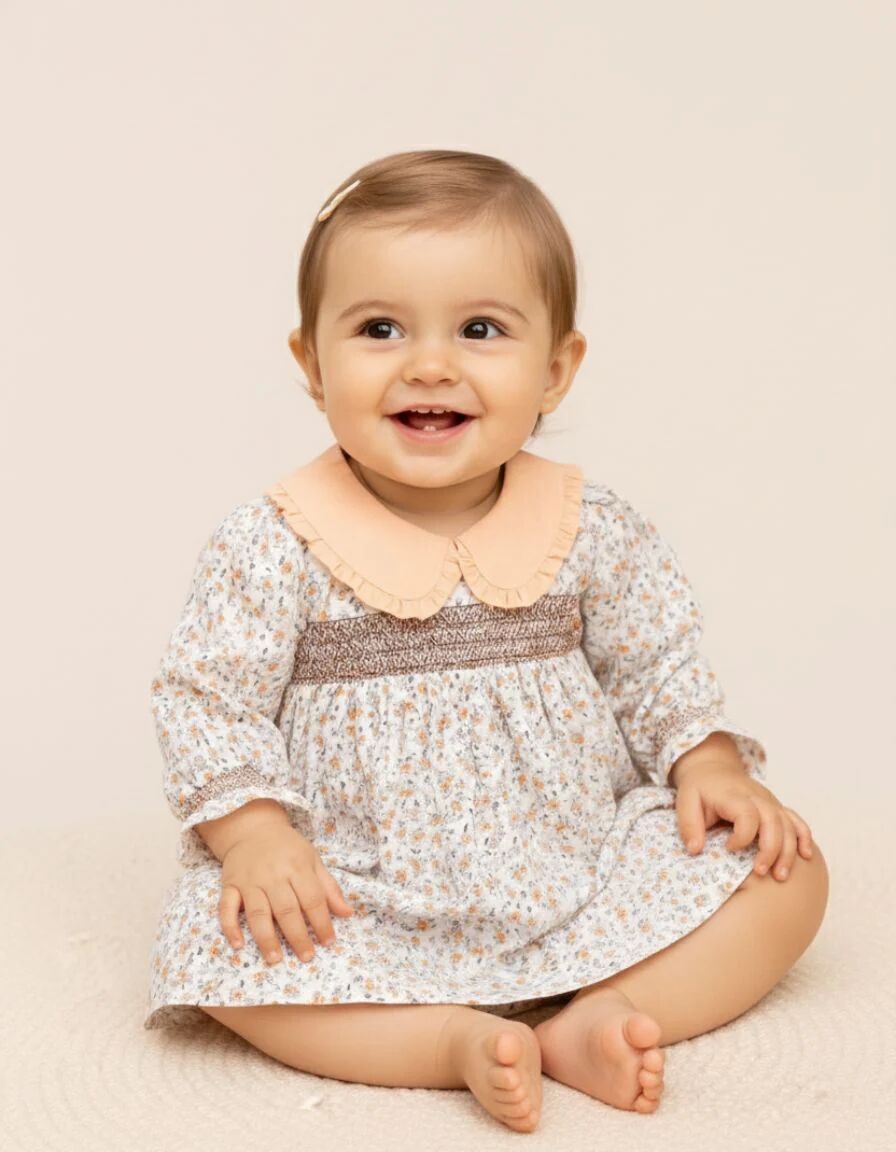 Robe Bébé Fille – Imprimé Fleuri & Col Contrasté Pêche