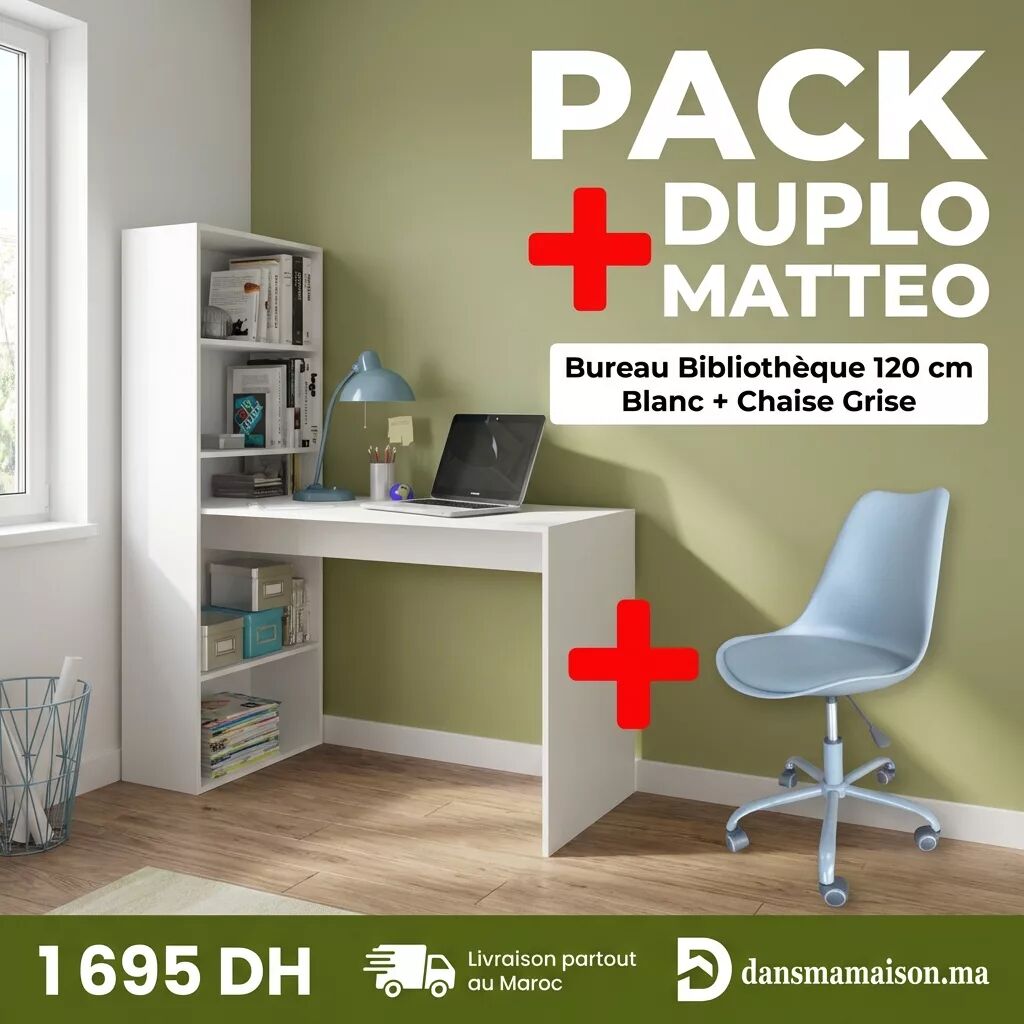 Pack Bureau Duplo Blanc + Chaise Matteo Gris