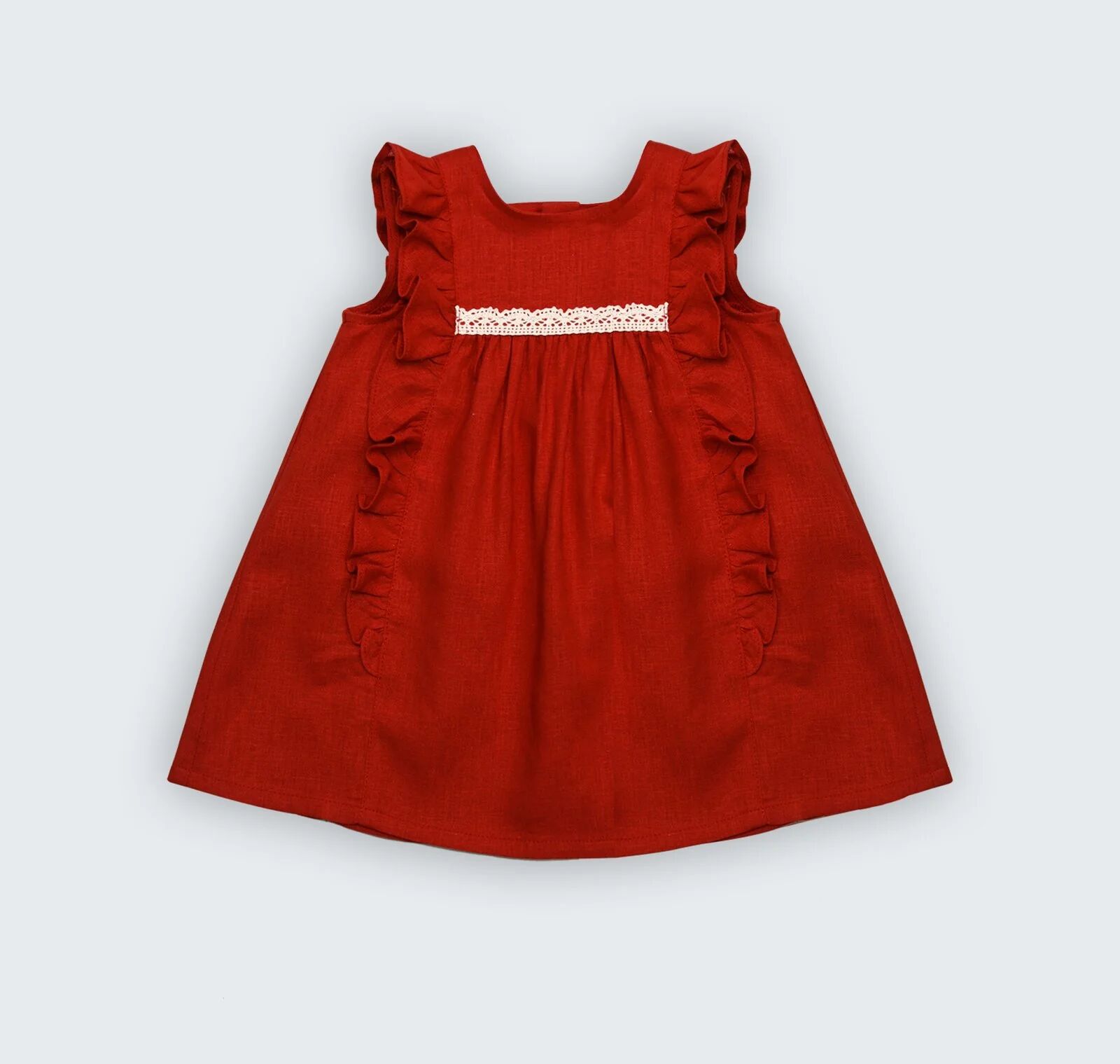 Robe En Lin Corail Avec Volant Et Galon Macramé Sur Le Devant