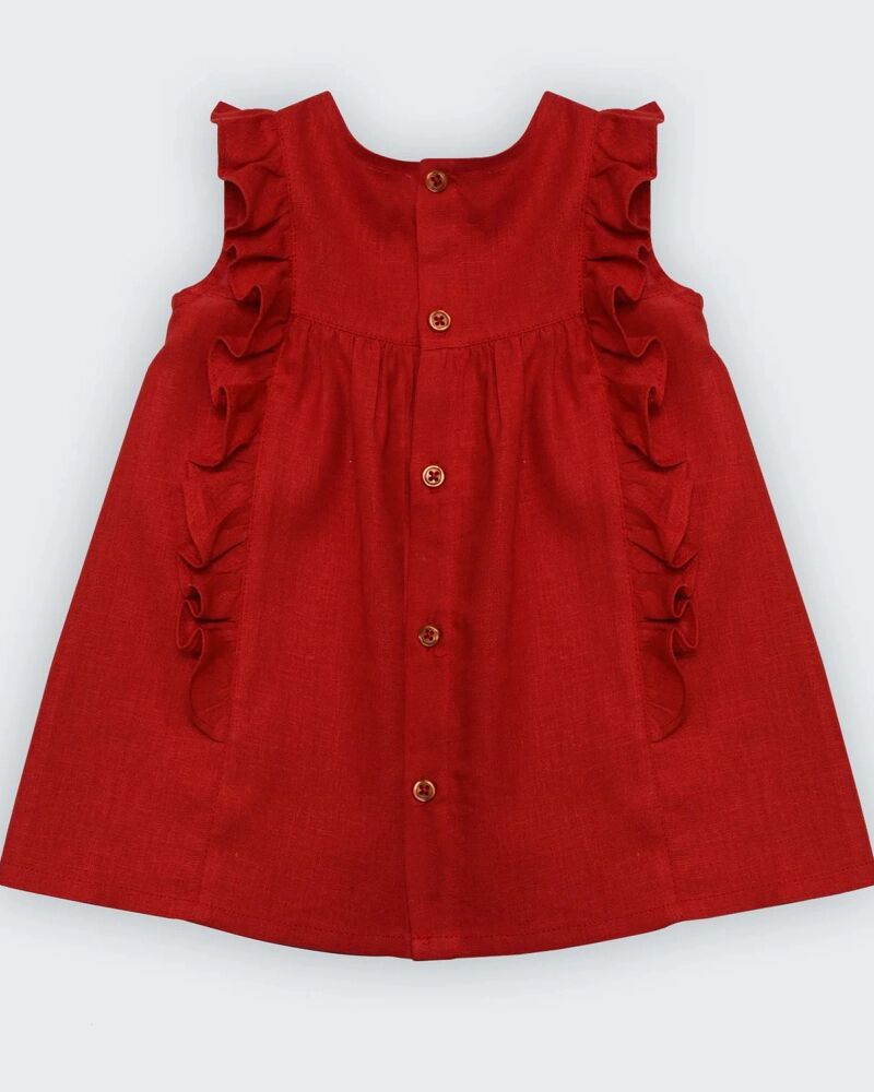 Robe En Lin Corail Avec Volant Et Galon Macramé Sur Le Devant thumbnail 3