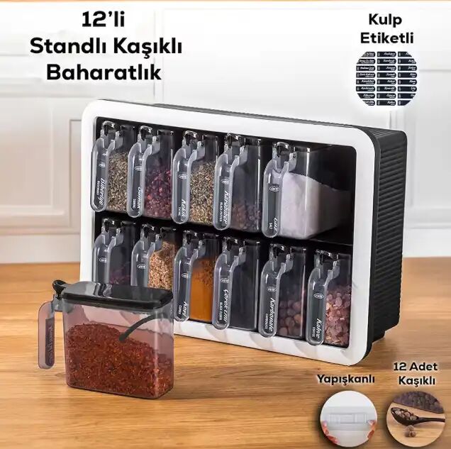 Étagère À Épices Murale 12 Pots Avec Cuillères – Support De Rangement Cuisine