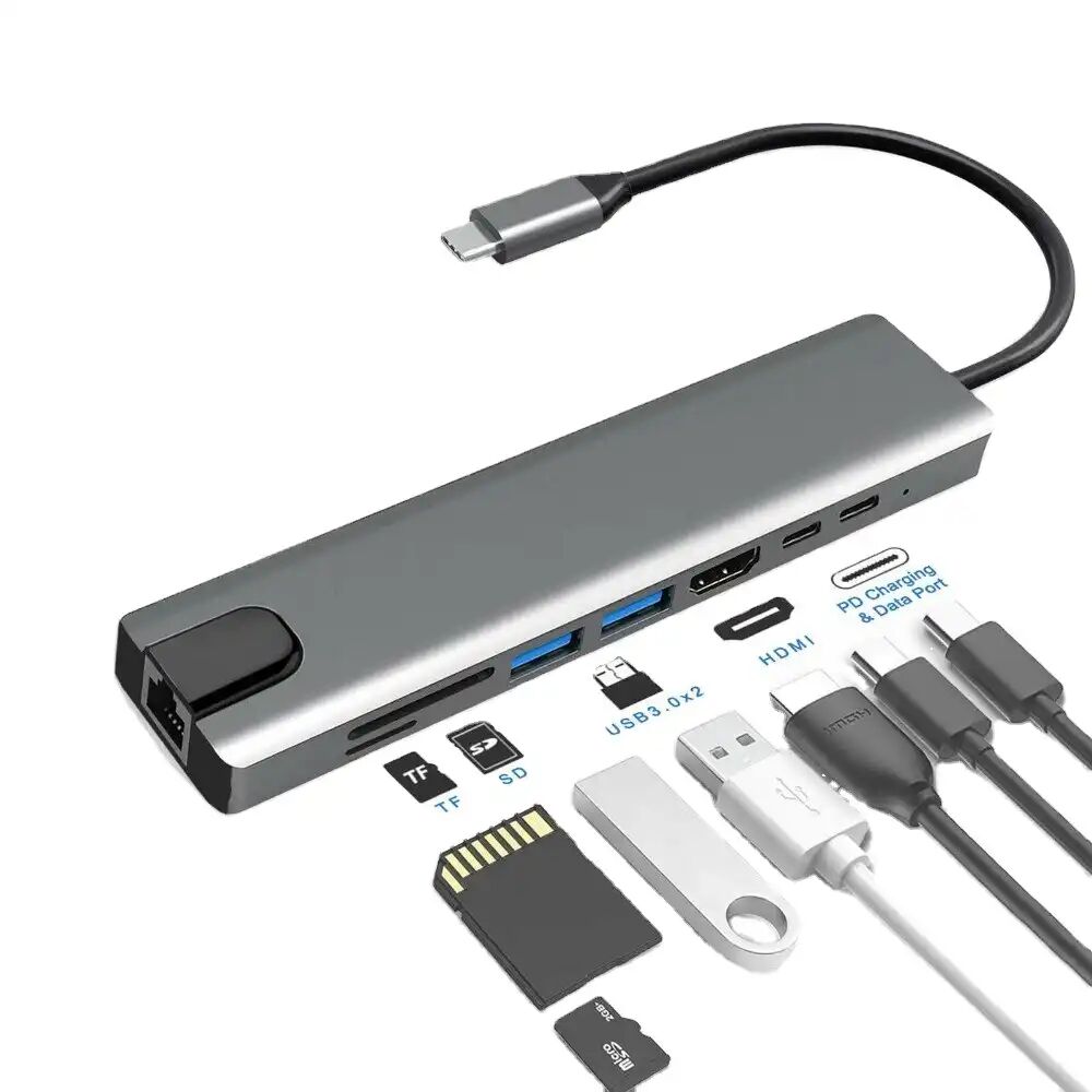 Adaptateur Usb Type-c 8-en-1 Vers Hdtv/hdmi Pour Pc Et Macbook – Multi -ports Usb-a, Rj45, Sd/tf, Charge Pd