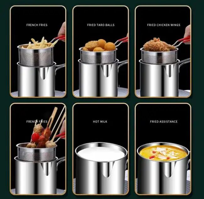 Friteuse En Acier Inoxydable Avec Panier – Poignées Rouges – Friture Sécurisée À La Maison