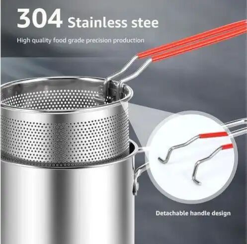 Friteuse En Acier Inoxydable Avec Panier – Poignées Rouges – Friture Sécurisée À La Maison