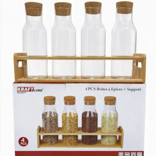 Set De 4 Bouteilles En Verre Avec Support En Bambou