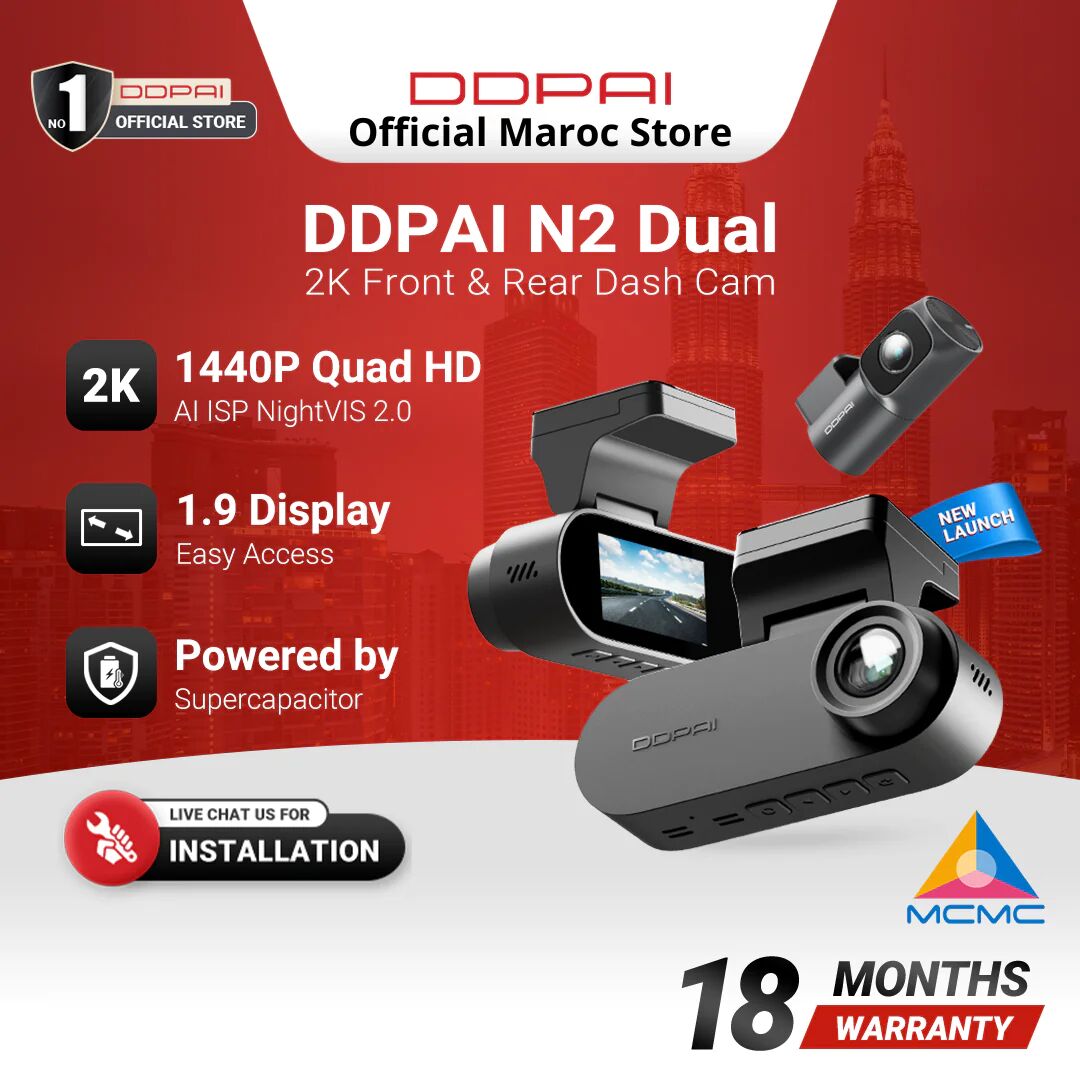 Ddpai N2 Dual 2k Dash Cam – Caméra Voiture Avant & Arrière Avec Super Condensateur Et Nightvis 2.0 thumbnail 3