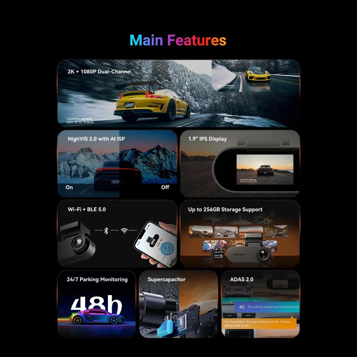 Ddpai N2 Dual 2k Dash Cam – Caméra Voiture Avant & Arrière Avec Super Condensateur Et Nightvis 2.0 thumbnail 4