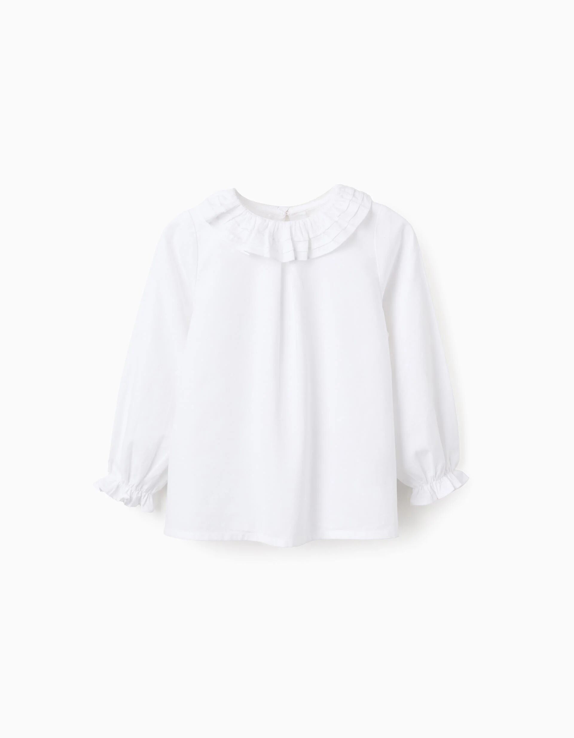 Cotton Twill Blouse With Ruffles For Girls, White