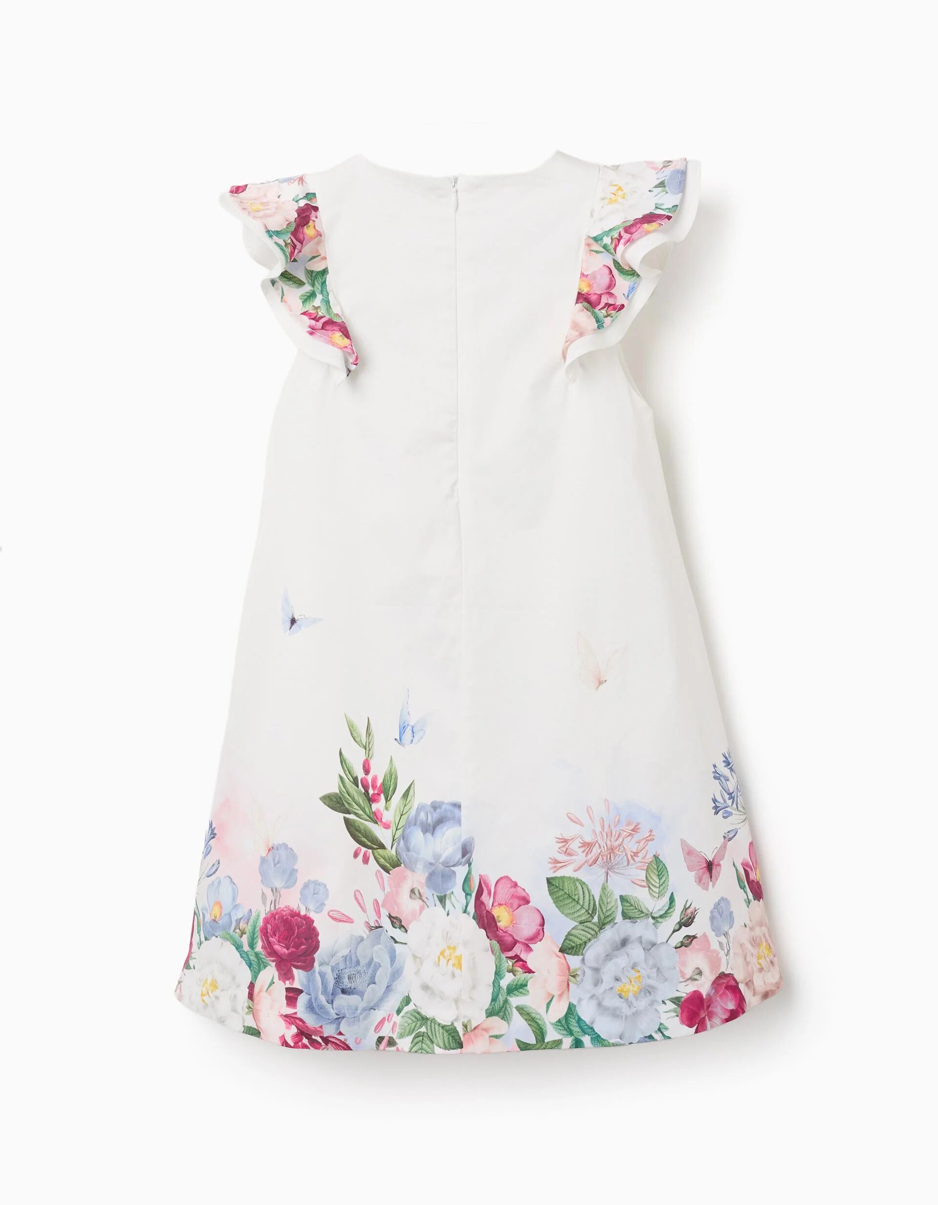 Cotton Dress With Flowers And Ruffled Sleeves
