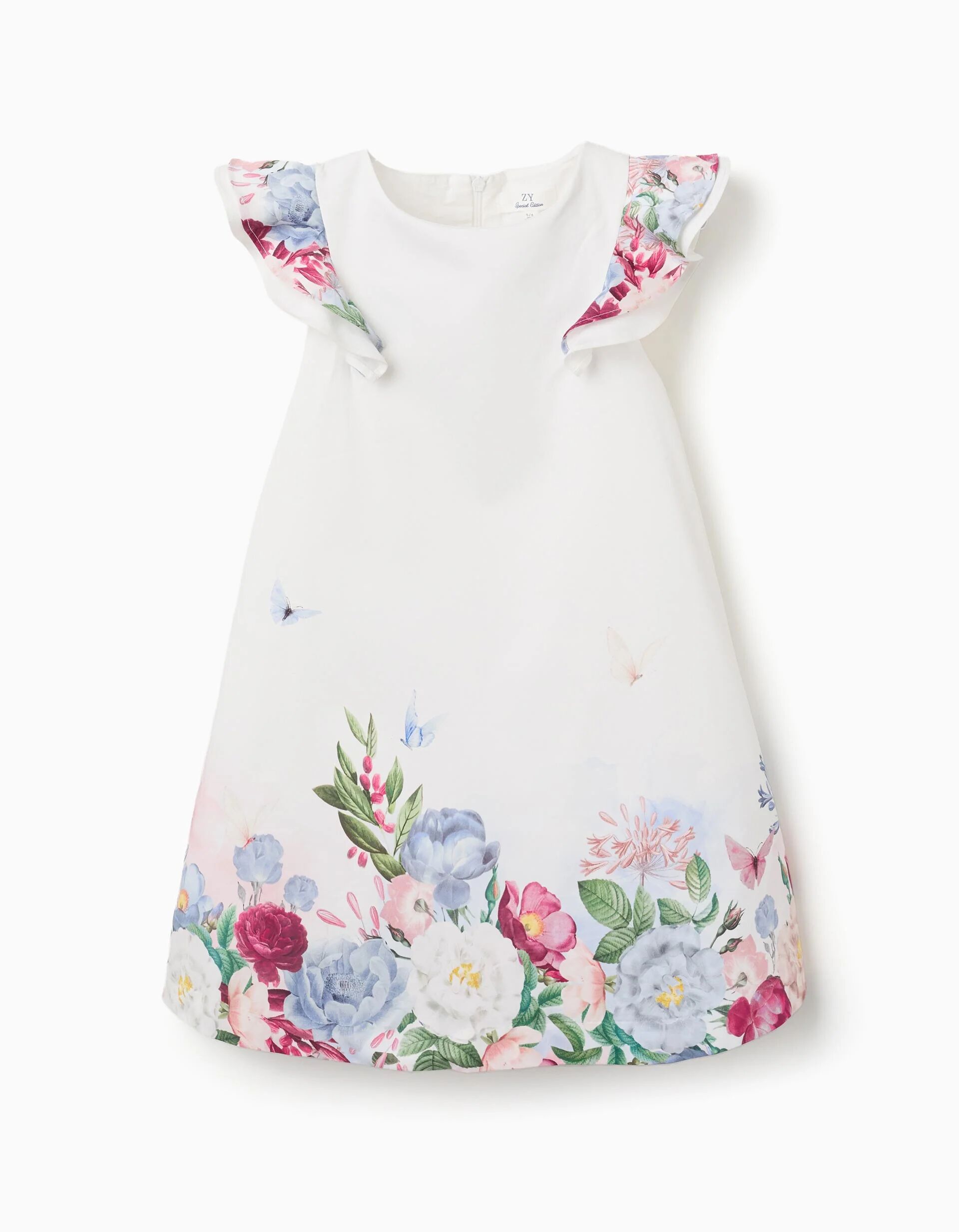 Cotton Dress With Flowers And Ruffled Sleeves