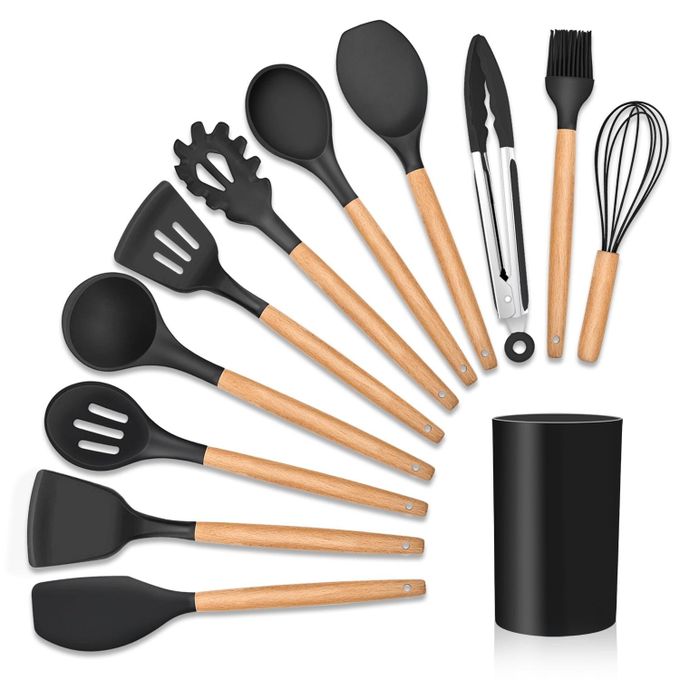 Kitchen Set 12 Pièces Ustensiles De Cuisine Résistant À La Chaleur En Silicone Et Bois