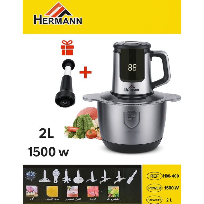 Hermann Hachoir Électrique Digital 2l 1500w Multifonctions Bol Inox Avec 3 Lames Et Plusieurs Accessoires Avec Fonction Manuel