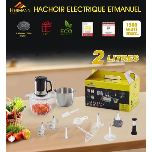 Hermann Hachoir Électrique Digital 2l 1500w Multifonctions 2 Bol Inox & Verre Avec 3 Lames Et Plusieurs Accessoires Avec Fonction Manuel