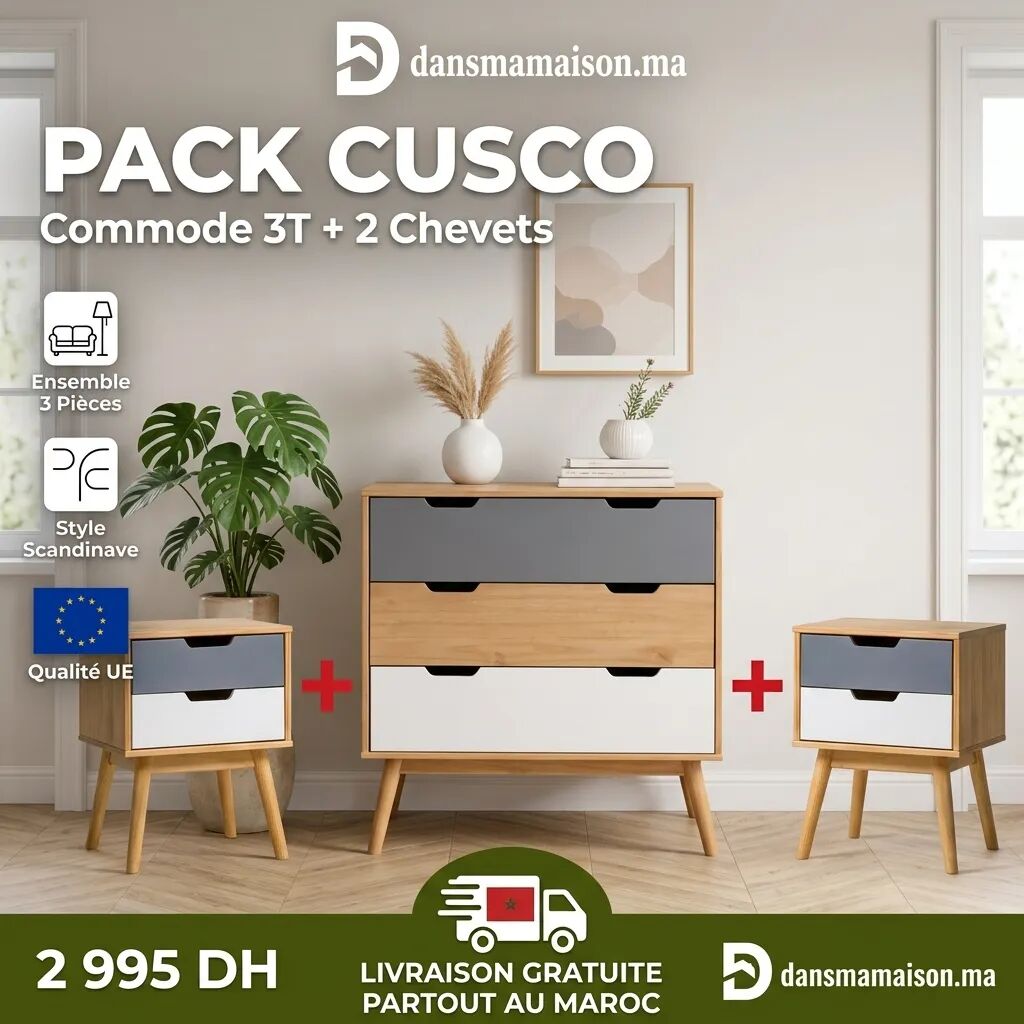 Pack Cusco – Commode 3 Tiroirs + 2 Chevets