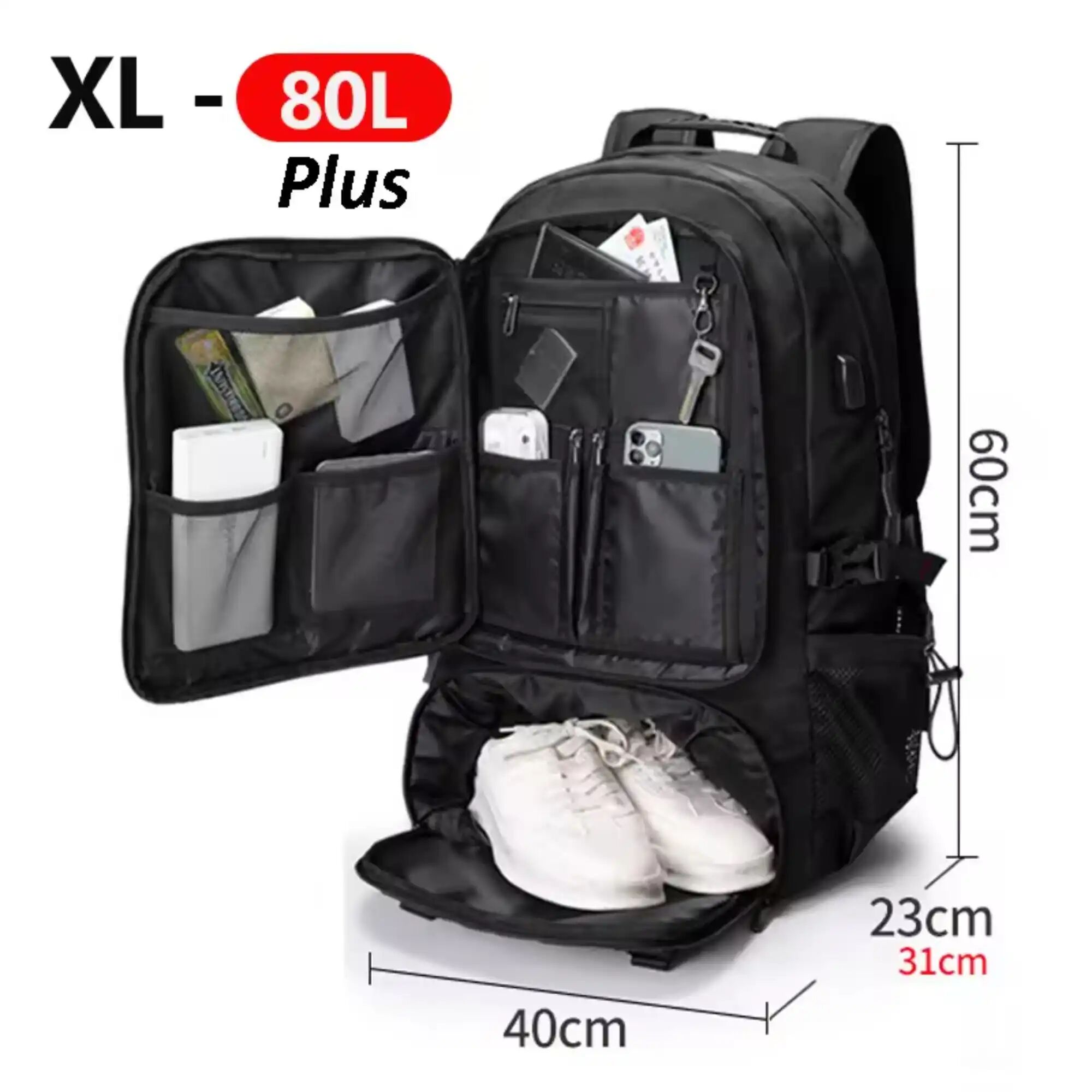 Sac À Dos De Voyage Grand Format 60l Plus Compartiment Chaussures, Port Usb Et Multi-poches Idéal Business, Randonnée Et Voyage thumbnail 4