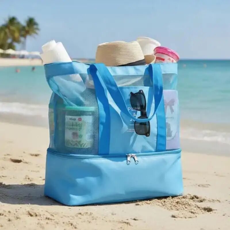 Sac De Plage 2 En 1 : Grand Sac Fourre-tout En Filet Avec Compartiment Isotherme