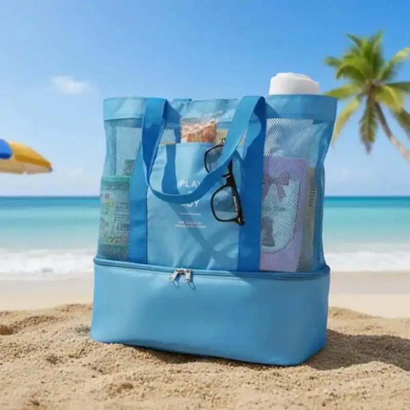 Sac De Plage 2 En 1 : Grand Sac Fourre-tout En Filet Avec Compartiment Isotherme