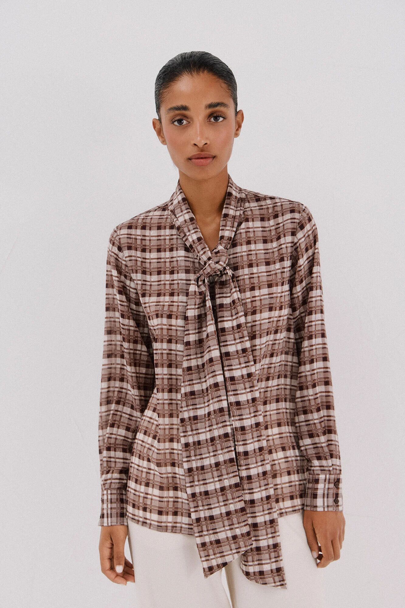 Blouse À Imprimé À Carreaux Avec Nœud thumbnail 3