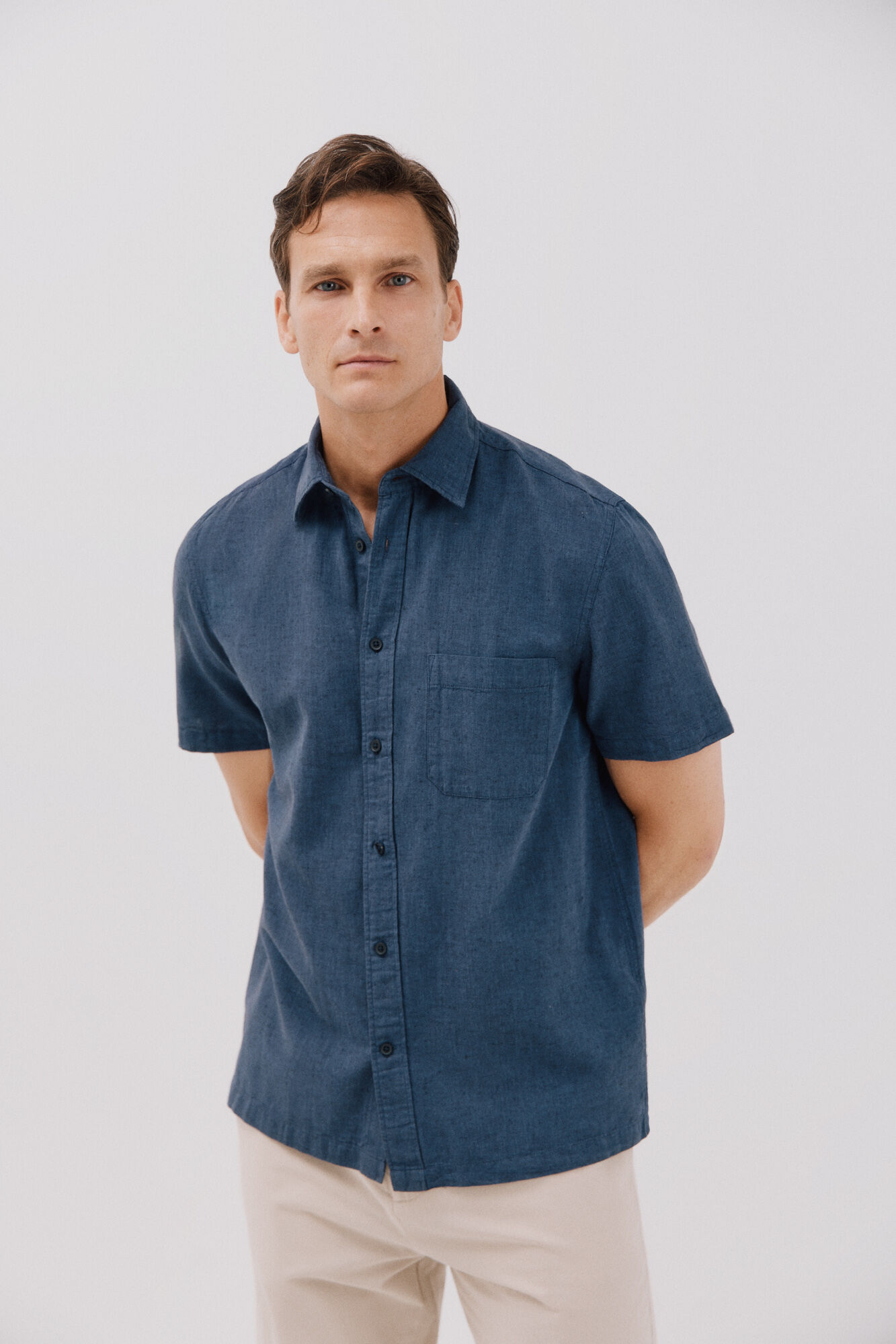 Chemise À Manches Courtes En Coton Et Lin Uni