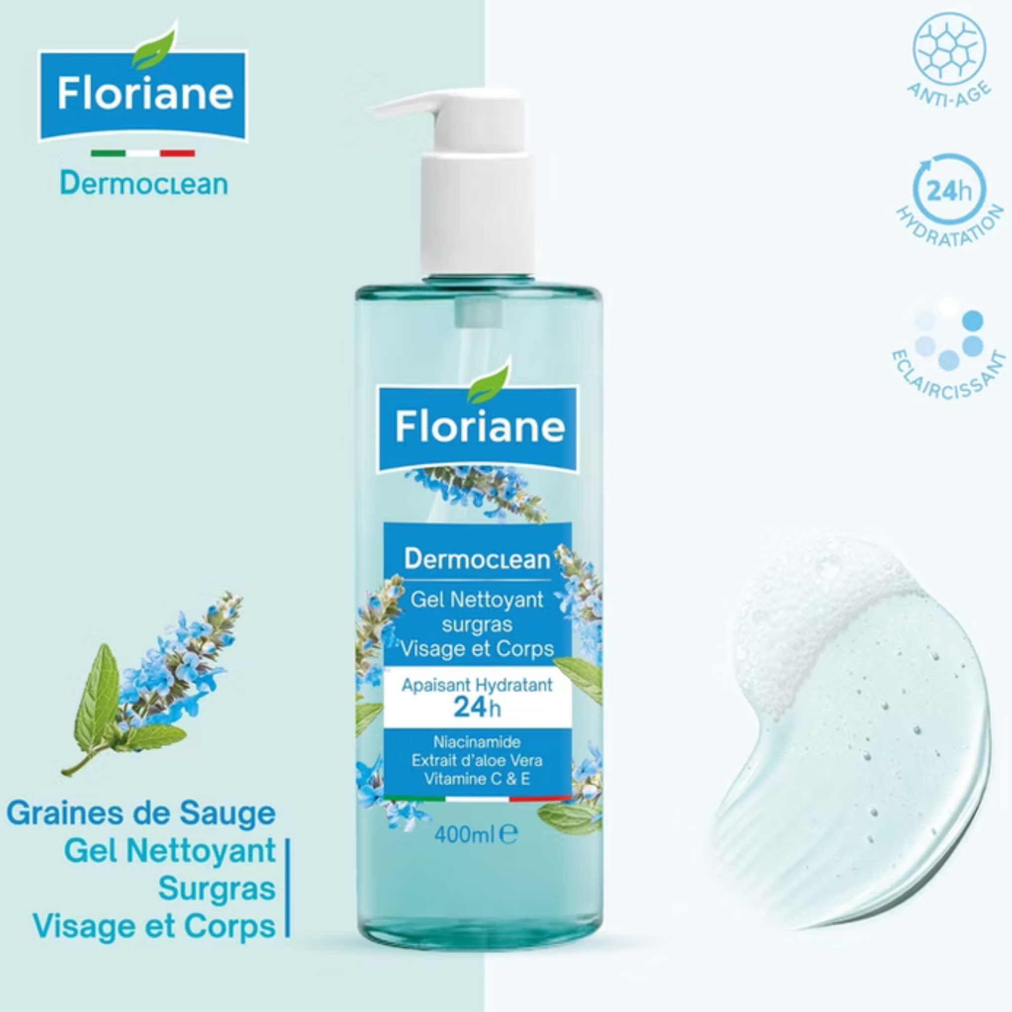 Dermoclean Gel Nettoyant Visage & Corps Graines De Sauge – Hydratation 24h & Anti-âge