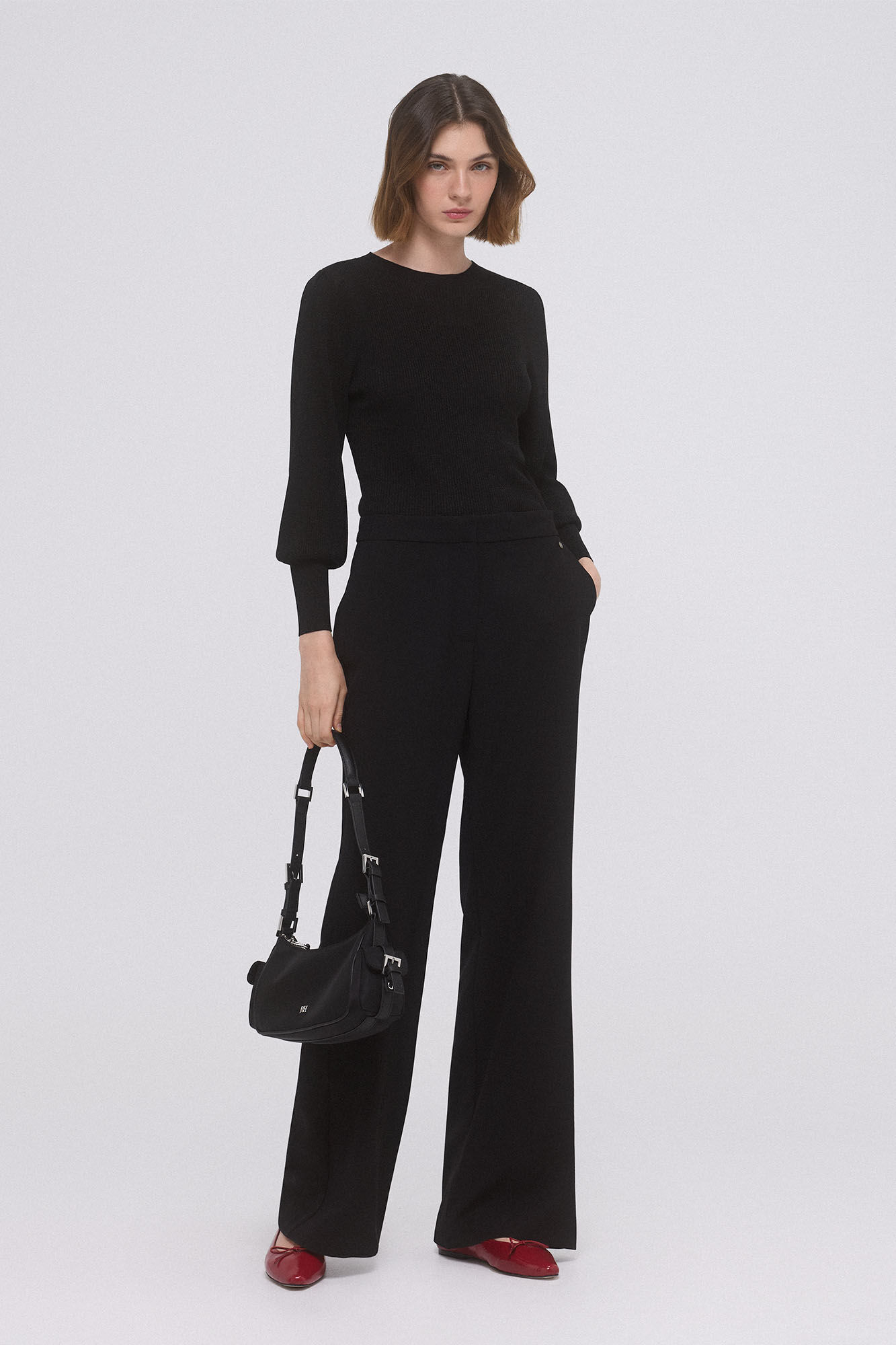 Pull côtelé à manches bouffantes