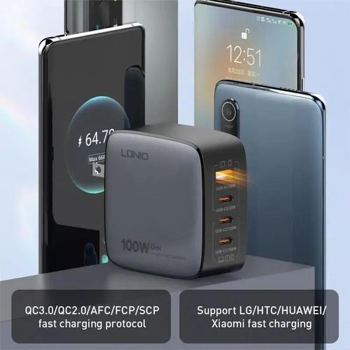 Q408 Chargeur 100w Gan, Prise Ue, 1 Adaptateur Usb + 3 Type C, + Cable Type-c 100 W, Charge Rapide Pour 4 Appareils