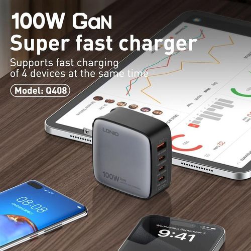 Ldnio Q408 Chargeur 100w Gan, Prise Ue, 1 Adaptateur Usb + 3 Type C, + Cable Type-c 100 W, Charge Rapide Pour 4 Appareils thumbnail 3