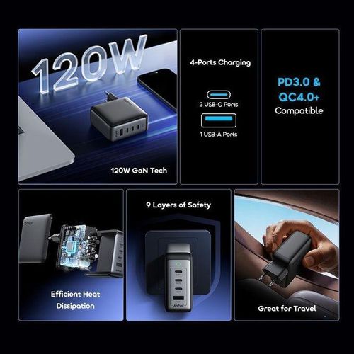 Oraimo Chargeur Gan 120w Pour La Charge Ultra-rapide De Plusieurs Appareils (compatible Pc Apple Macbook Téléphone, Tablette..), Anifast Hypergan C120f