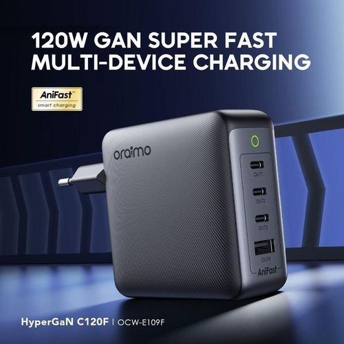 Oraimo Chargeur Gan 120w Pour La Charge Ultra-rapide De Plusieurs Appareils (compatible Pc Apple Macbook Téléphone, Tablette..), Anifast Hypergan C120f