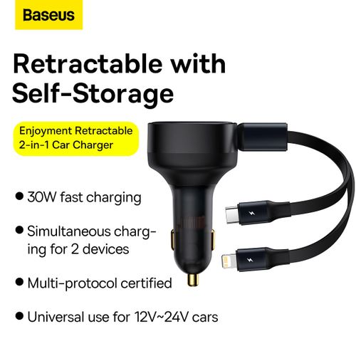 Chargeur De Voiture 30w Avec Cable Intégré Rétractable Lightning + Type-c thumbnail 1