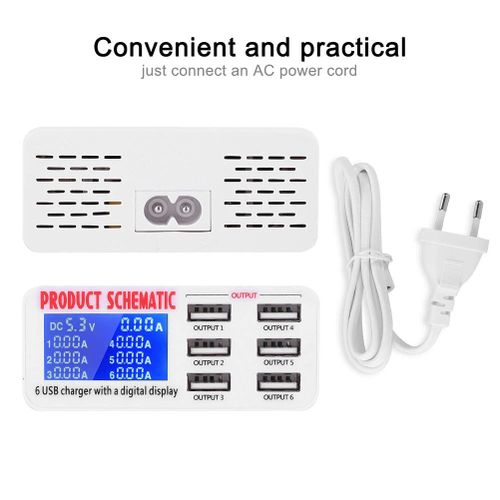Station De Charge 30w Avec 6 Ports Usb, Affichage Numérique Lcd, Prise Ue thumbnail 3