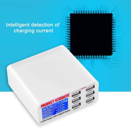 Station De Charge 30w Avec 6 Ports Usb, Affichage Numérique Lcd, Prise Ue
