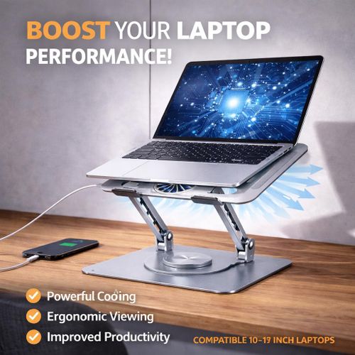 Support Pour Ordinateur Portable Rotatif En Alliage D’aluminium, Avec Ventilateurs De Refroidissement, Cooling Lapotp Stand thumbnail 2