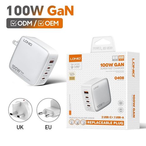 Chargeur Q408 Gan 100w – Ultra-rapide (4 Ports + Câble 100w)