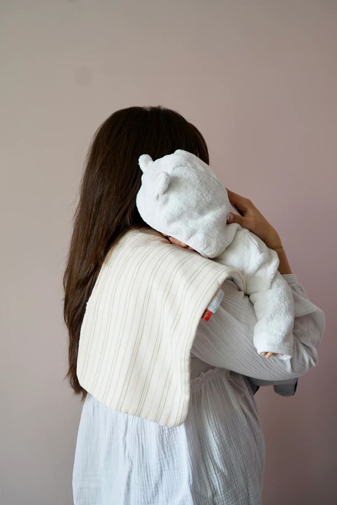 Serviette De Rot Bavoir Dépaule Gaze Ivoire Rayé Rose thumbnail 3