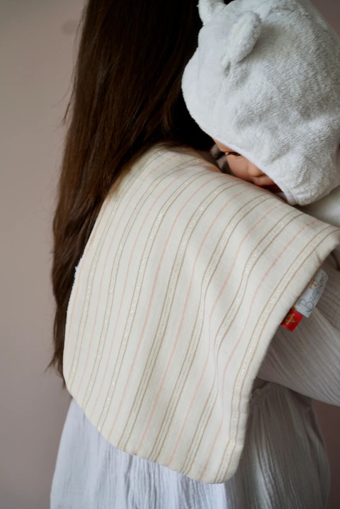 Serviette De Rot Bavoir Dépaule Gaze Ivoire Rayé Rose