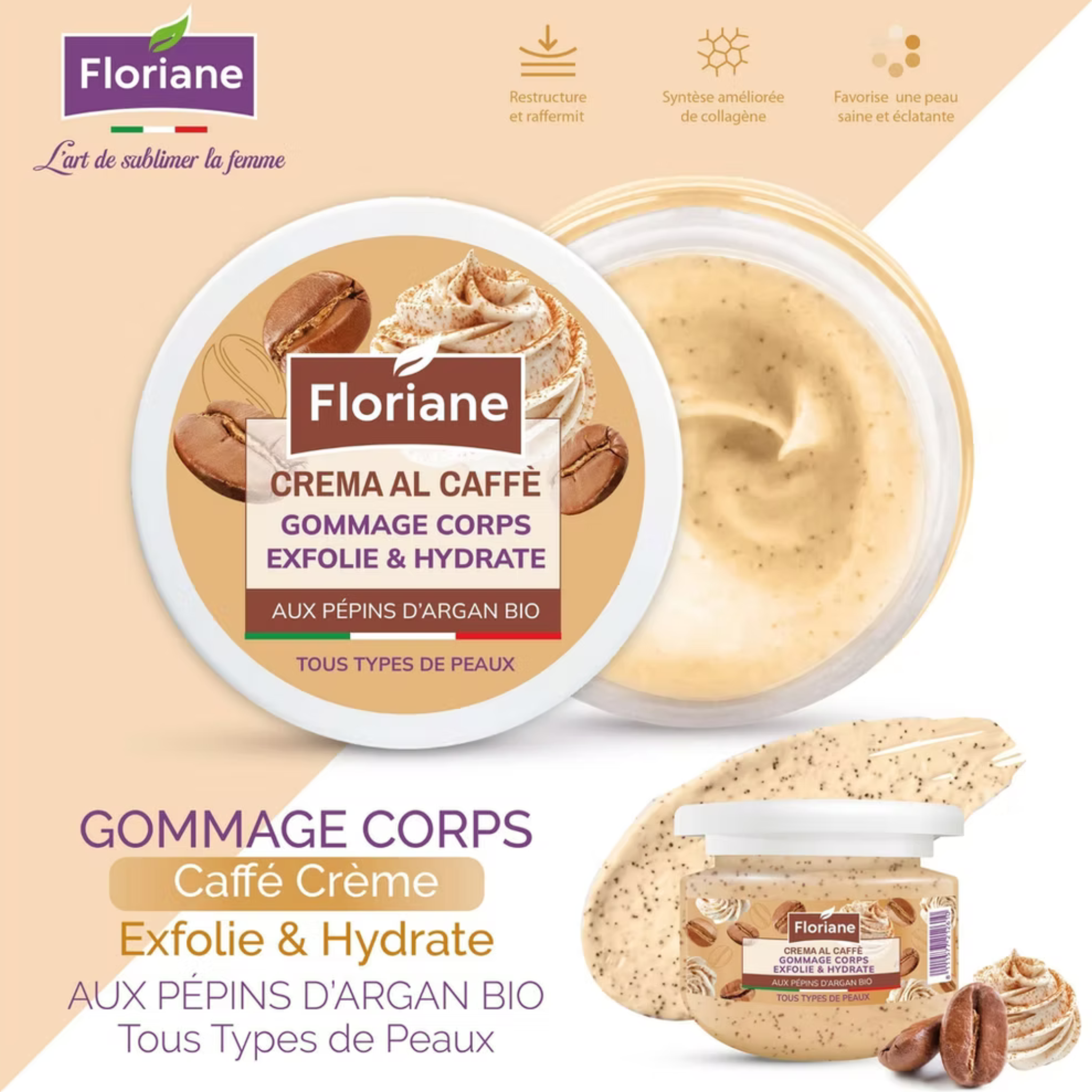 Gommage Corps Café Crème Floriane – Exfoliant Hydratant Aux Pépins D’argan Bio | Peau Douce & Éclatante