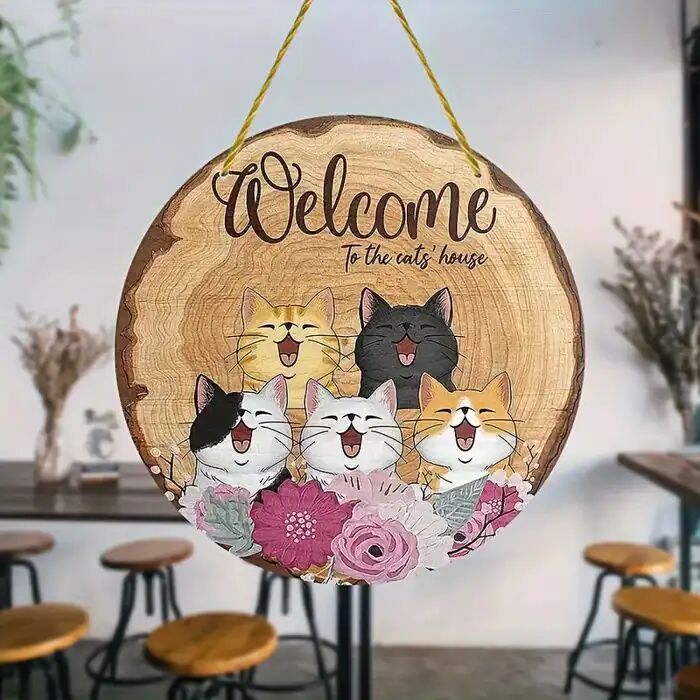 Panneau Décoratif - Chats & Fleurs - Bois De Ferme - Multicolore