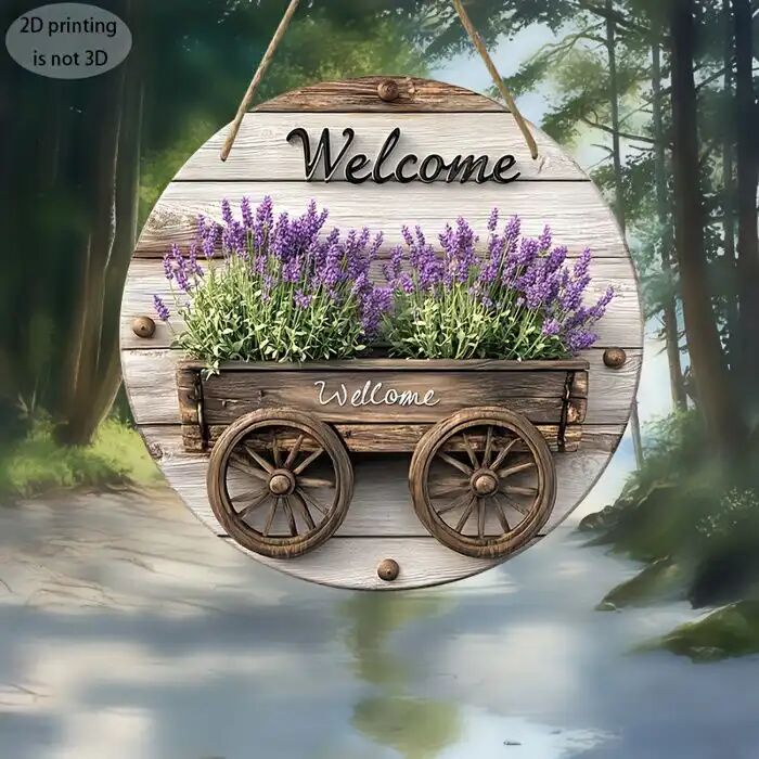 1 Panneau De Roue De Charrettebois De Lavande Rustique Bienvenue Décoration Murale Ronde Avec Des Plantes