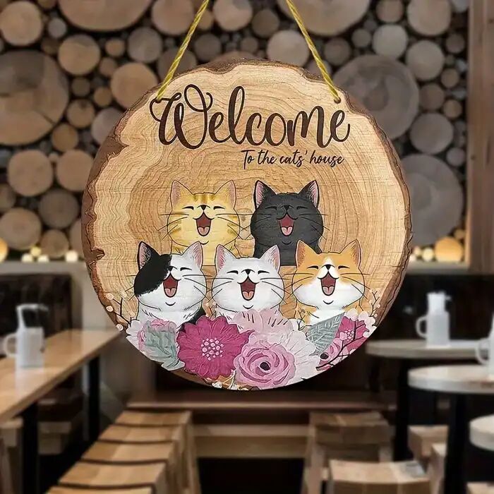 Panneau Décoratif - Chats & Fleurs - Bois De Ferme - Multicolore