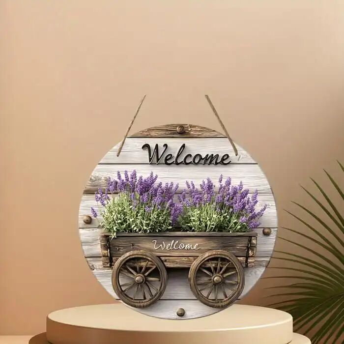 1 Panneau De Roue De Charrettebois De Lavande Rustique Bienvenue Décoration Murale Ronde Avec Des Plantes thumbnail 3