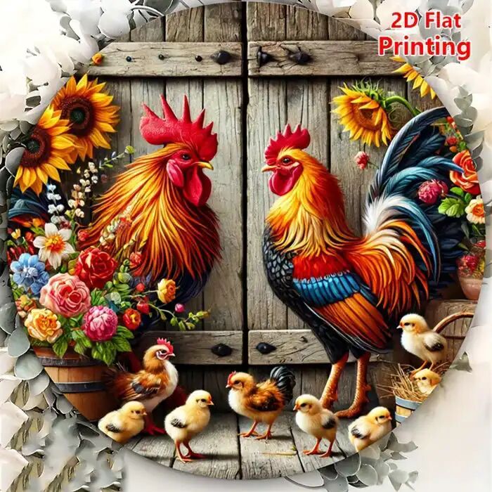 Panneau Décoratif - Vintage Coq & Floral - Aluminium