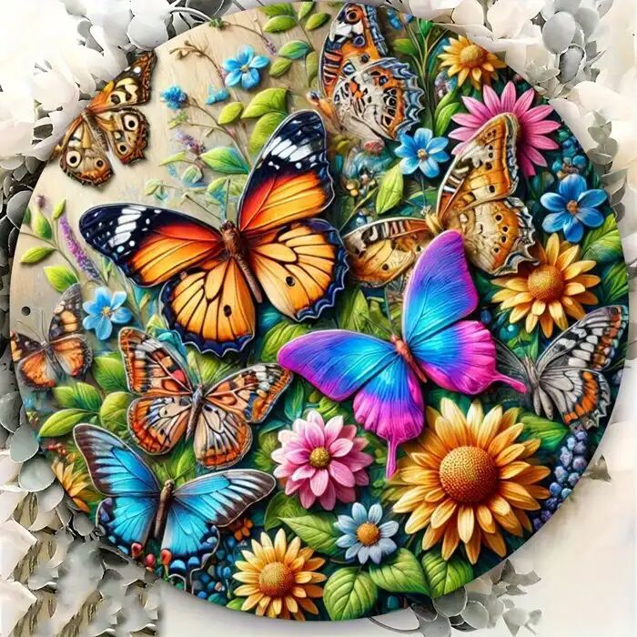 Art Mural - Papillon & Floral - Multicolore - Bois Et Aluminium