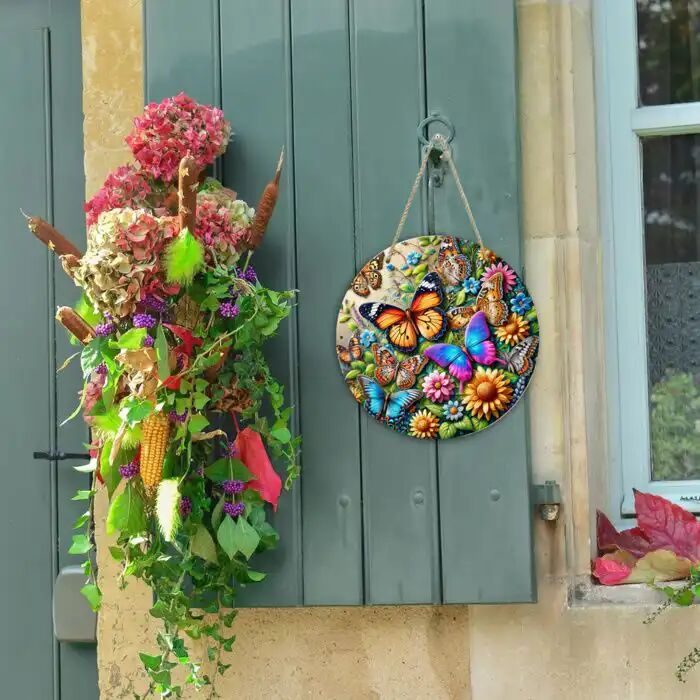 Art Mural - Papillon & Floral - Multicolore - Bois Et Aluminium