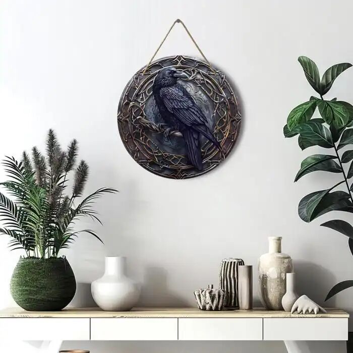 1pc Plaque Murale Ronde En Bois Rustique Raven Art, Décoration En Bois Sculpté 2d, Panneau Vintage Corbeau Pour Chambre