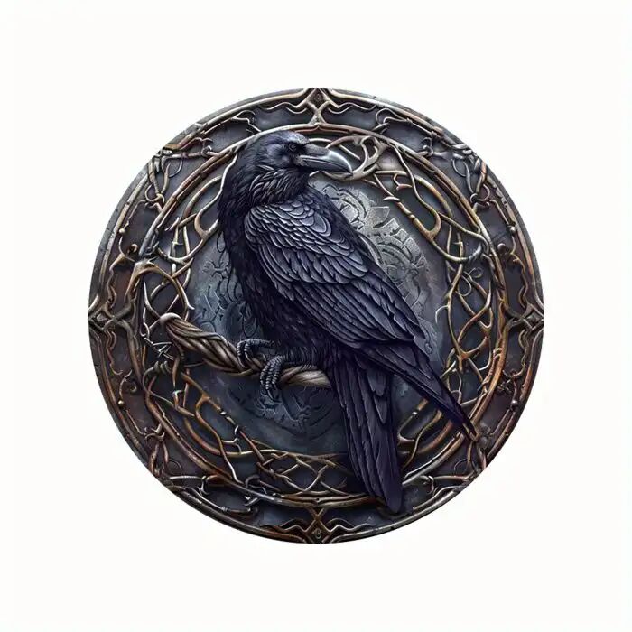 1pc Plaque Murale Ronde En Bois Rustique Raven Art, Décoration En Bois Sculpté 2d, Panneau Vintage Corbeau Pour Chambre