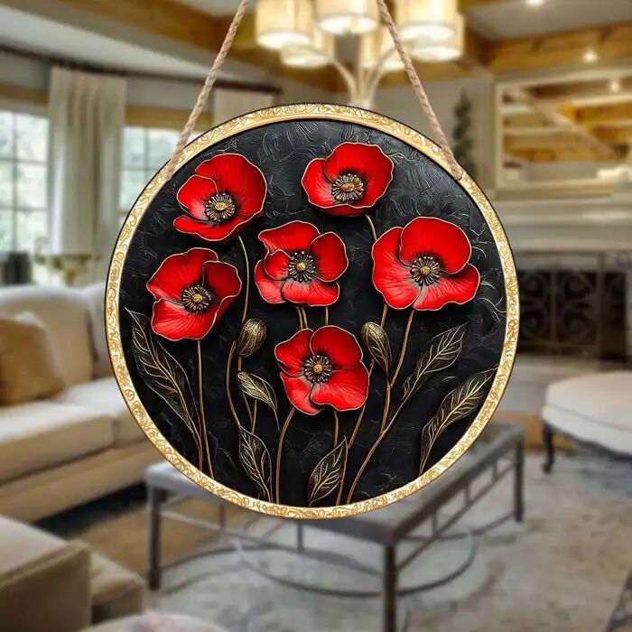1pc, Décoration Murale Ronde Unique En Bois - Plaque En Faux Bois Avec Motif Floral Rouge, Durable Et Facile Ã