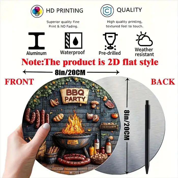 Plaque Plate En Aluminium 2d. 1 Pièce. Panneau Rond Ã Thème De Barbecue Pour Décoration Murale Cuisine Café Salon Bureau Maison. thumbnail 3