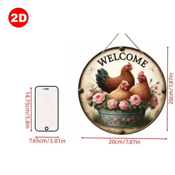 1 Panneau De Bienvenue En Bois Art Deco - Design De Poulet Vintage. Décoration Rurale Ronde. Pas Besoin Délectricité